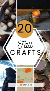 A collage of fall crafts with candles, and knitted scarved and text overlay.