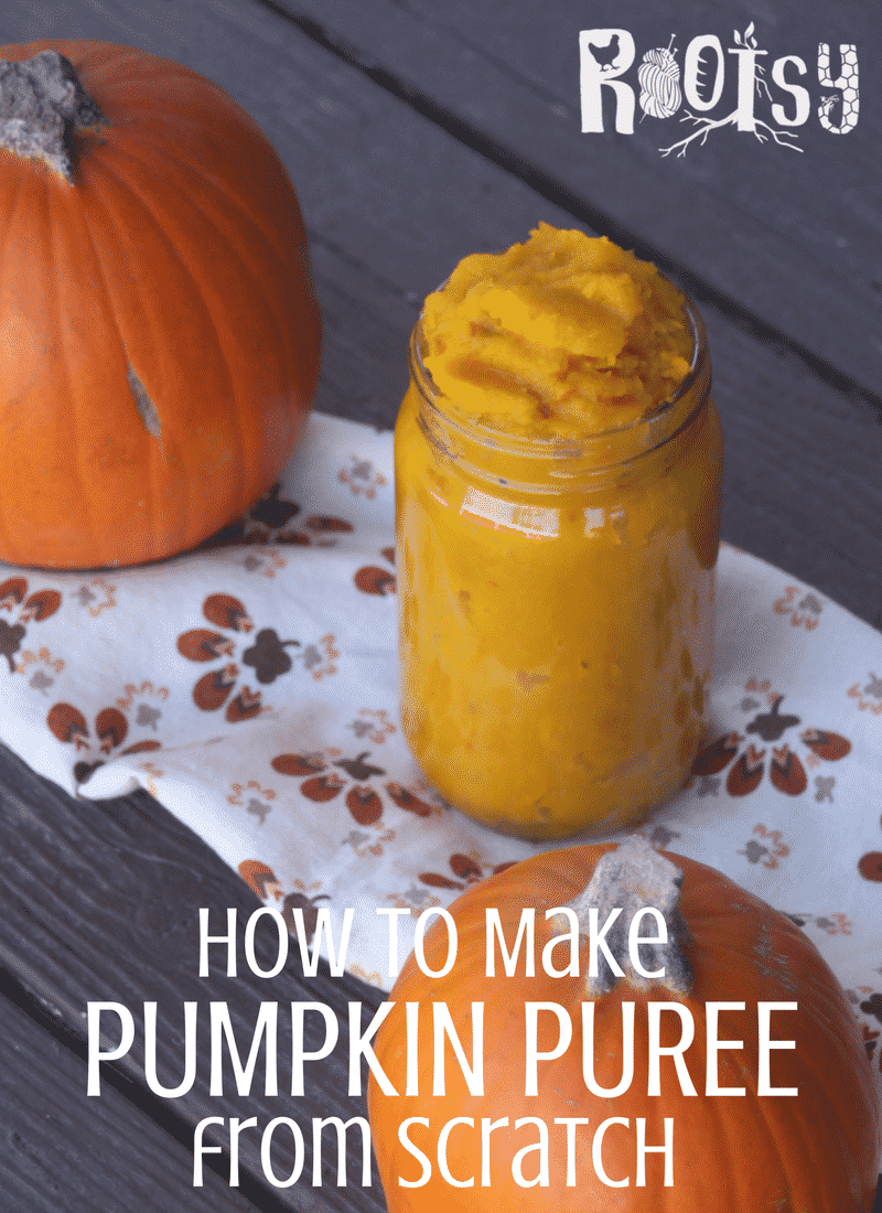 A jar of pumpkin puree sitting on a cloth surrounded by 2 fresh pumpkins with text overlay.