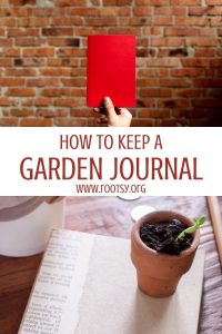 A hand holding a red book in front of a brick wall, sitting on top of a white box of text reading: how to keep a garden journal, sitting on top of an image of a book with a small pot sitting on top of it.