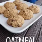 Cookies on a white plate with a blue cup in the background with text overlay stating: oatmeal breakfast cookies.