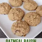 Cookies on a white plate as seen from above with text overlay stating: oatmeal breakfast cookies.