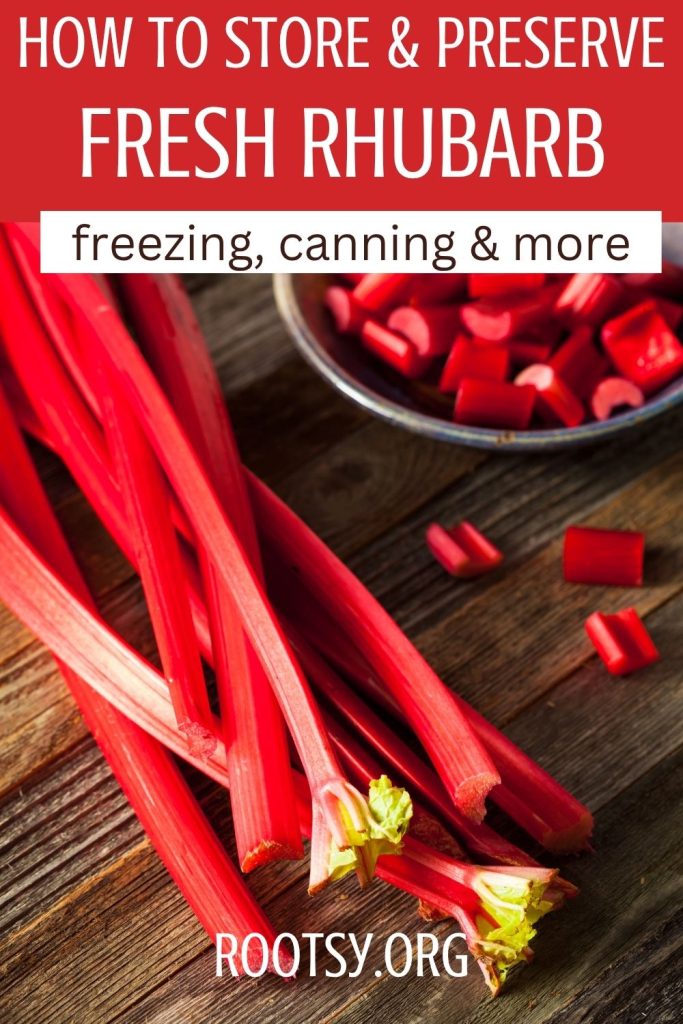Fresh rhubarb stalks on a rustic wooden table with some chopped pieces in a bowl; text reads “Ways to preserve and use rhubarb: freezing, canning & more. How to store fresh rhubarb—Rootsy.org.”.
