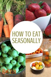 Four images in a grid - a bunch of carrots, a bowl of strawberries, a basket of apples, and a bowl of cherry tomatoes with a white circle in the middle with text overlay reading: how to eat seasonally.