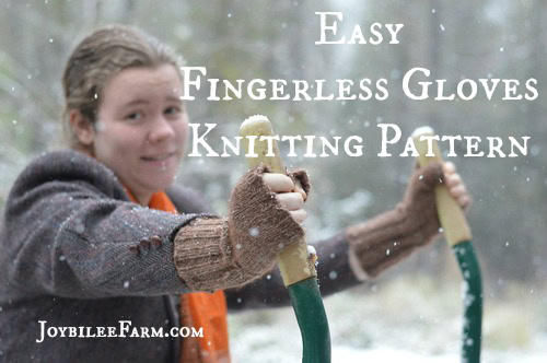 A person wearing brown fingerless gloves, perfect for fall crafts, grips green handles in a snowy outdoor setting. The text reads "Easy Fingerless Gloves Knitting Pattern" and "JoybileeFarm.com.