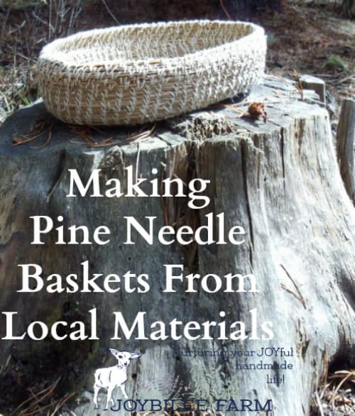 A woven pine needle basket rests on a tree stump, embodying the essence of fall crafts in a natural outdoor setting. Text over the image reads "Making Pine Needle Baskets From Local Materials." A logo at the bottom says "Joybilee Farm.