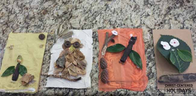 Four nature-inspired art pieces on a textured surface: each features leaves, twigs, and natural elements forming shapes like an owl, flowers, and abstract designs on colored backgrounds. Perfect for fall crafts, these creations capture the essence of the season.