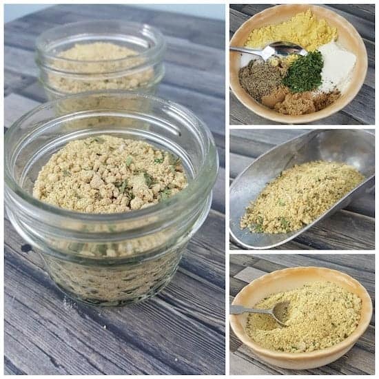 Collage of a seasoning mix in small glass jars, perfect as gifts in a jar, and a bowl, with ingredients like herbs and spices arranged in separate bowls. A scoop filled with the blended seasoning powder completes this charming display on a wooden surface.