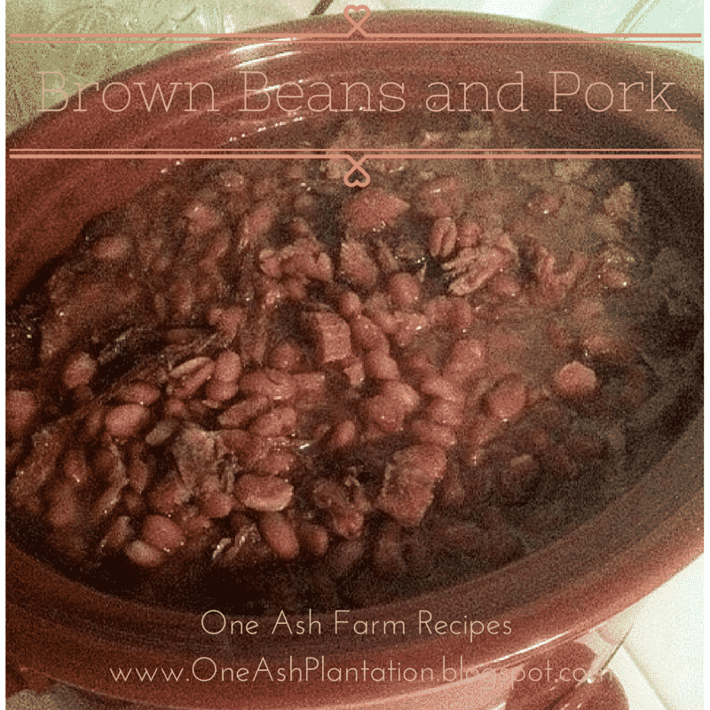 A crockpot filled with brown beans and pork. The text overlay reads "Brown Beans and Pork" and "One Ash Farm Recipes www.OneAshPlantation.blogspot.com.