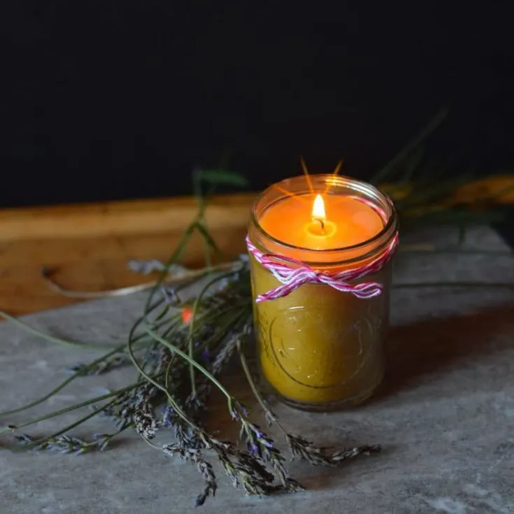 Beeswax candle in a mason jar sitting on a rock surrounded by herbs.