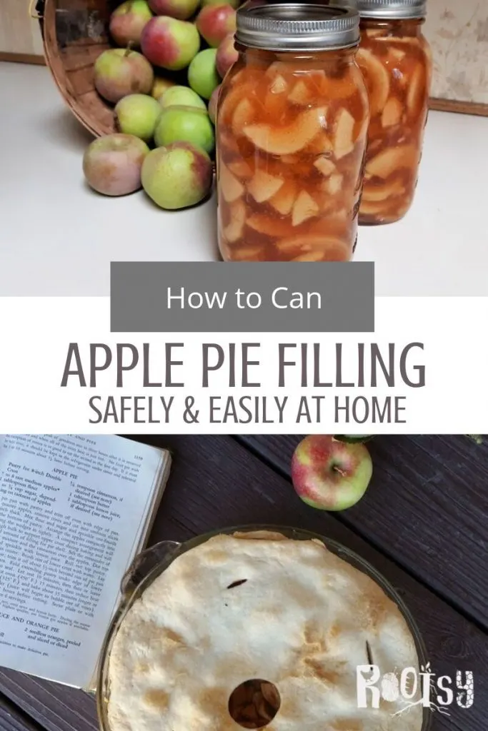A collage of photos with canned apple pie filling and fresh apples on top and a baked apple pie on the bottom with a text overlay in the middle
