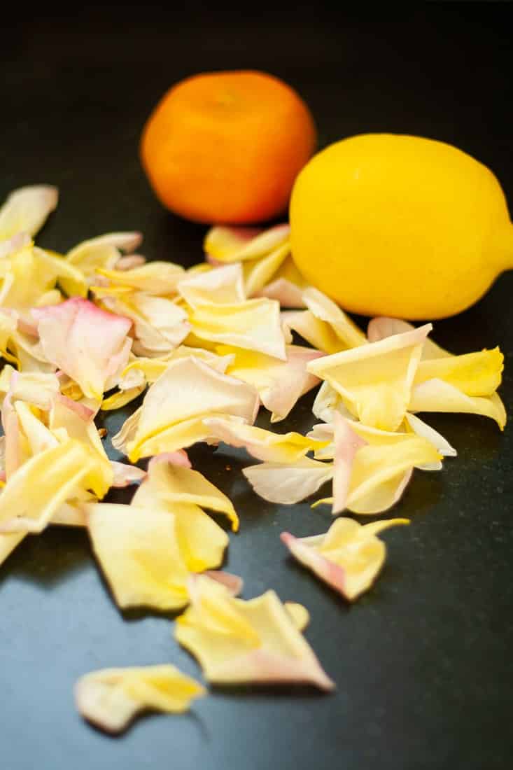 Scattered light pink and yellow rose petals grace the dark surface, with a whole orange and lemon adding vibrant contrast in the background—a picturesque scene reminiscent of gifts in a jar, brimming with nature's beauty.