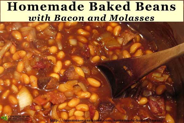 A pot of homemade baked beans with bacon and molasses. The rich, brown sauce surrounds the beans, with visible chunks of onion and bacon, and a wooden spoon rests in the mixture. A recipe URL is visible at the bottom.
