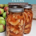 Jars of apple pie filling in front of a basket of fresh apples with text overlay.
