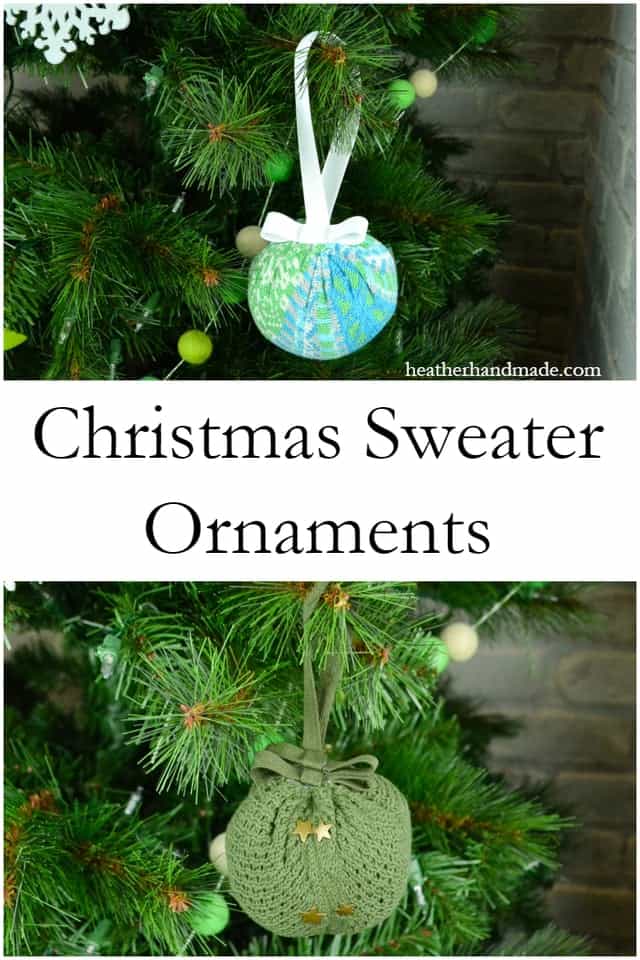 Top image: Green and blue ornament with a white ribbon hangs on a Christmas tree. Bottom image: Green ornament with ribbon hangs on a Christmas tree. Both images showcase sweater-style ornaments. Text reads "Christmas Sweater Ornaments.