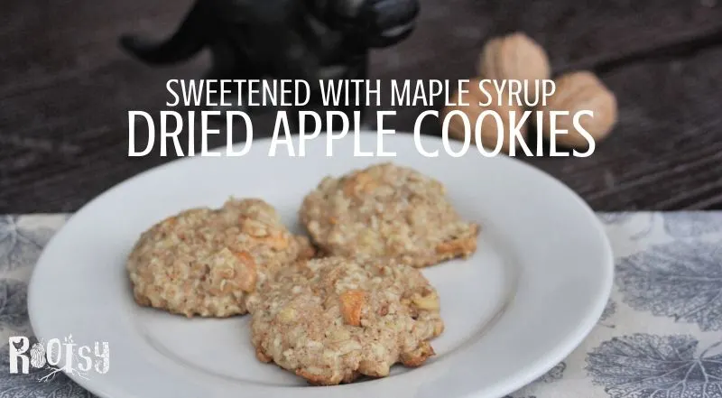 3 dried apple cookies on a plate with a napkin and text overlay.