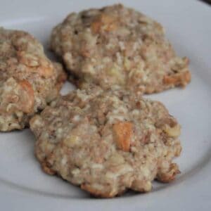 Three homemade cookies with visible oats and small chunks, possibly nuts or dried apple, rest on a white plate. These dried apple cookies boast a rough, rustic appearance and a golden-brown color.