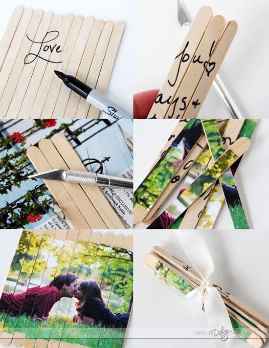 A collage showing a DIY craft using popsicle sticks. Steps include writing on sticks with a marker, cutting a photo into strips, adhering the strips to sticks, and tying the finished piece with a ribbon. The photo features a couple in a garden.