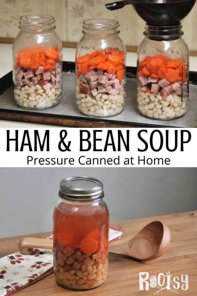 A collage of stacked photos with jars being filled with beans, ham and carrots on top, text overlay in the middle, and a finished jar of ham and bean soup with a wood ladle on a table. 