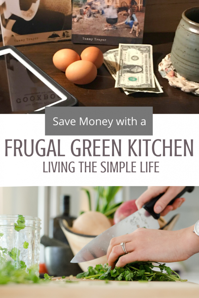 Save money and the environment with a frugal green kitchen! Cut back on not only your grocery bill, but the trash bill too. Learn how to use what you have to create easy from scratch meals, what to use instead of disposable products, and how to grow food regardless of how much space you have in this step by step guide. #simpleliving #homesteading #Fromscratch #foodideas #kitchenhacks