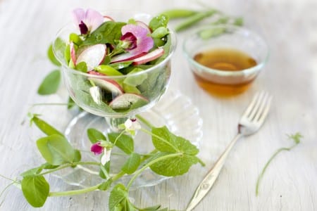 A glass bowl filled with a vibrant spring salad of greens, radish slices, and edible flowers sits on a white wooden surface. Nearby, there's a small bowl of dressing and a fork. A few pea vines are artfully scattered around, capturing the essence of refreshing spring salad recipes.