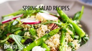 A bowl of salad with quinoa, asparagus, and radishes with text overlay.