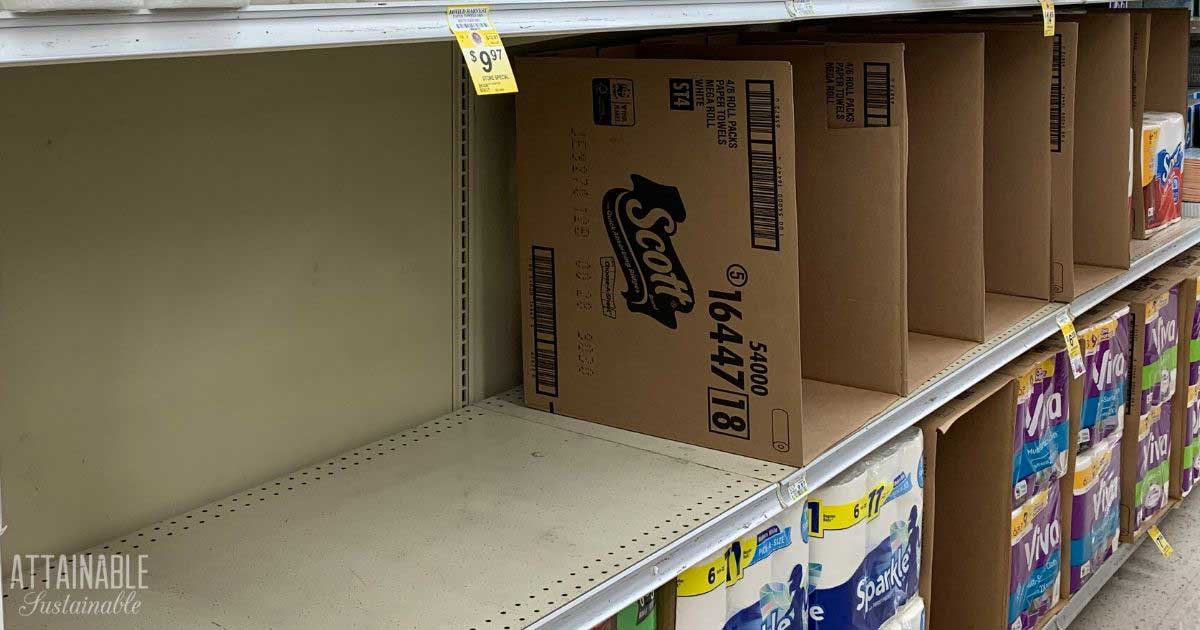 Partially stocked supermarket shelves showcase a large cardboard box labeled "Scott" among others, with notable empty spaces. Toilet paper packs are neatly placed on lower shelves, promising money-saving options for those stocking up their bathroom essentials.