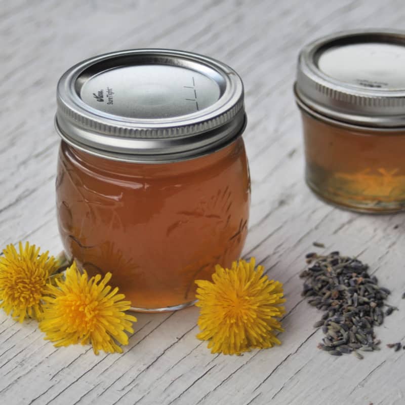 Two mason jars filled with amber liquid, possibly dandelion jelly or syrup, sit on a wooden surface. Yellow dandelion flowers and a small pile of dried lavender are artfully arranged beside the jars.