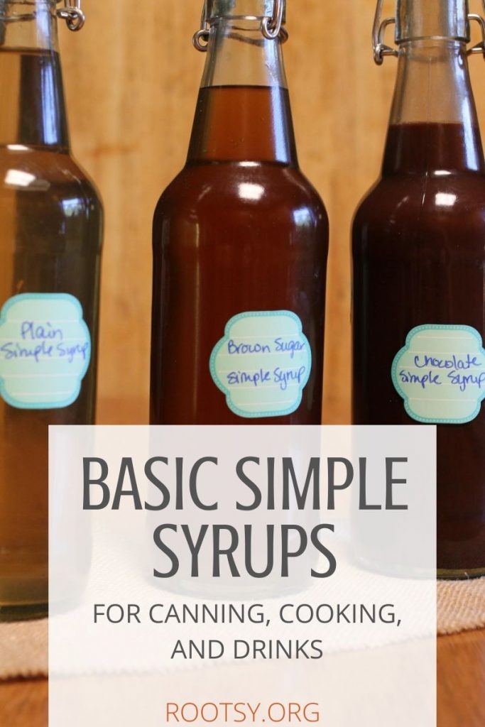 bottles of three different simple syrups - plain, brown sugar, and chocolate