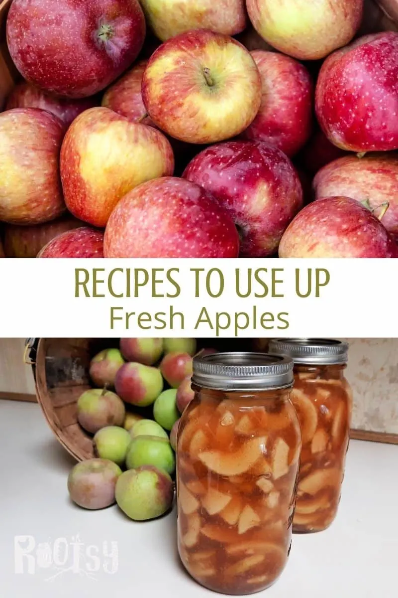 A pile of fresh apples, jars of apple pie filling, and text overlay between the two photos.