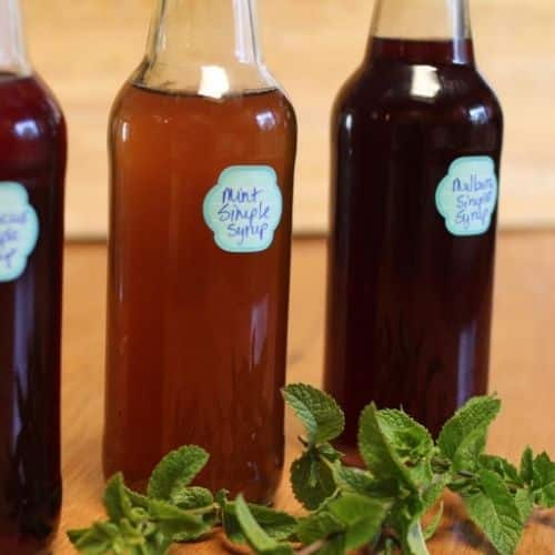three herbal simple syrups with mints springs in front.