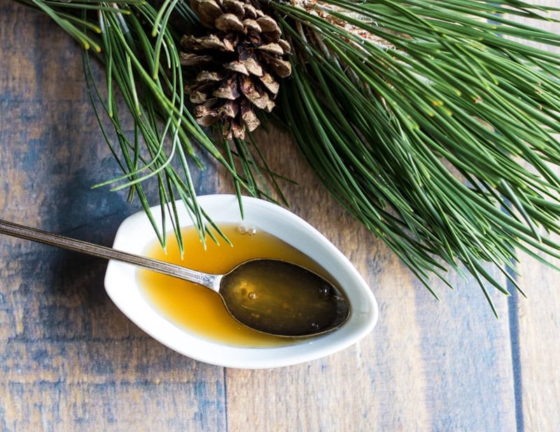 A white bowl filled with honey, known for its role in natural cold and flu remedies, and a spoon rests on a wooden table. Pine needles and a pine cone are placed alongside for decoration.