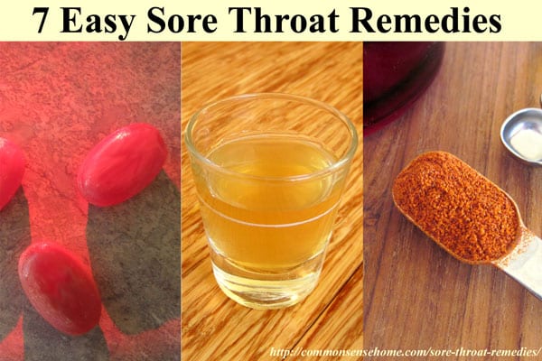Collage of three images labeled "7 Easy Sore Throat Remedies." Left shows red lozenges, center features a honey-like liquid in a glass, and right displays a spoonful of orange-red powder. Discover these natural cold and flu remedies for soothing relief.
