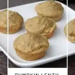 Muffins sitting on a white plate on top of a napkin with a green pumpkin in the background with text overlay stating: pumpkin lentil muffins.