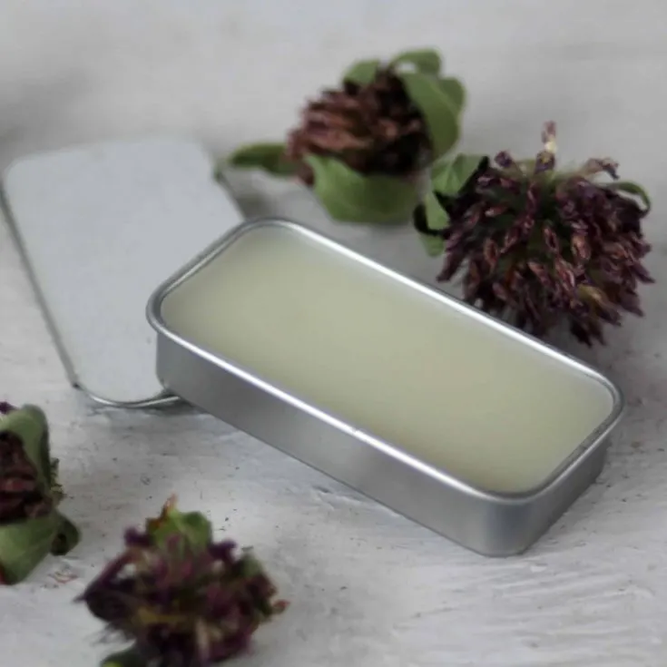 Honey lip balm in a rectangular metal tin surrounded by dried flowers on white table.