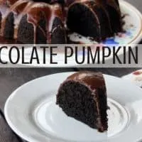A slice of glazed chocolate cake on a white plate sitting next to a napkin with the remaining cakes sitting in the background with text overlay stating chocolate pumpkin cake.