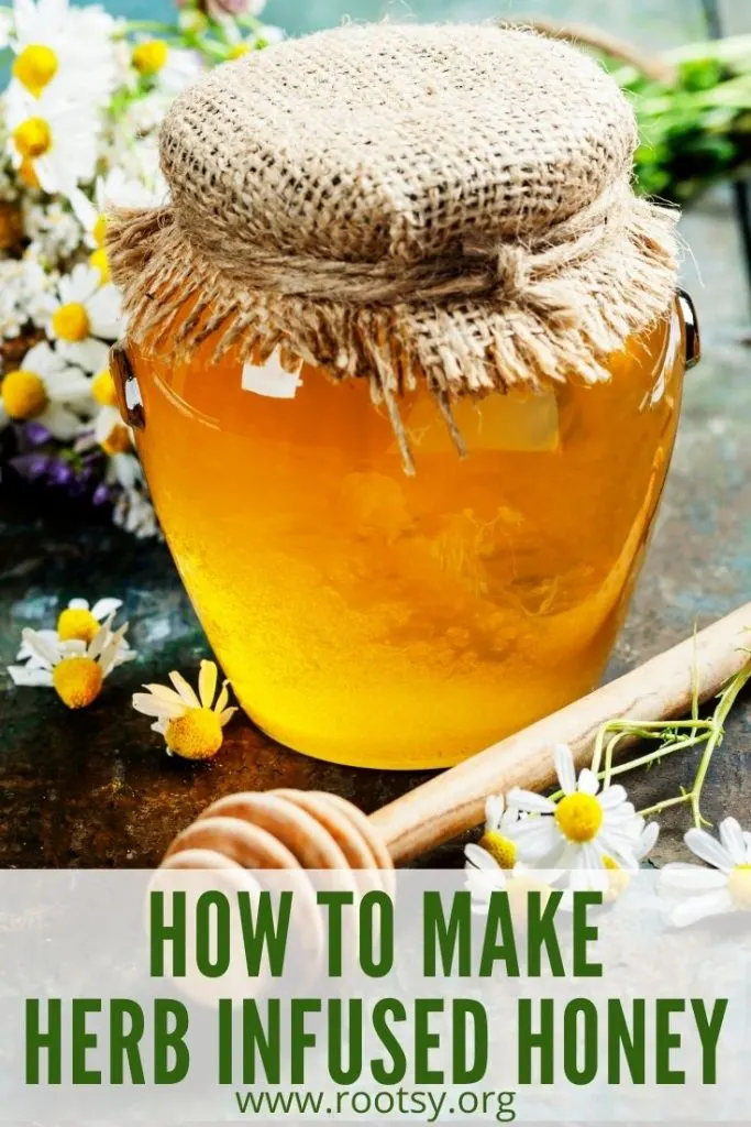 A jar of honey with honey dipper surrounded by fresh herbs and flowers with text overlay stating: how to make herb infused honey.