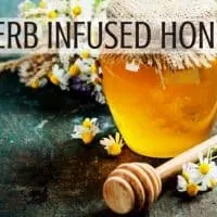 A jar of honey with honey dipper surrounded by fresh herbs and flowers with text overlay stating: herb infused honey.
