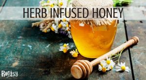 A jar of honey with honey dipper surrounded by fresh herbs and flowers with text overlay stating: herb infused honey.