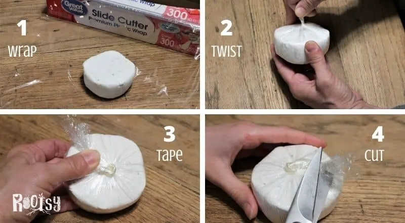 collage of how to wrap bath bombs for storing