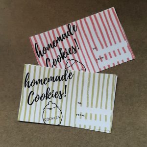 Labels in red and green stripes printed with the words homemade cookies.