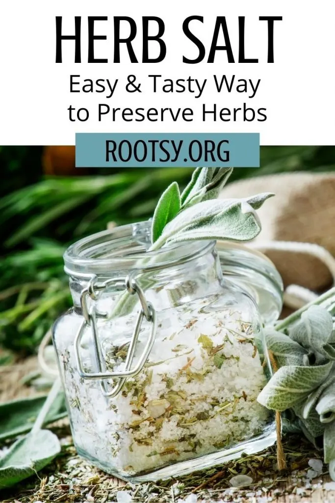 An open square shaped jar full of salt and dried herbs, surrounded by fresh herbs with a text block reading:  herb salt - easy & tasty way to preserve herbs.