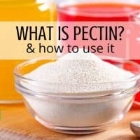 a bowl of pectin with jars of jelly behind it with text overlay reading what is pectin? & how to use it.