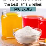 a bowl of pectin with jars of jelly behind it with text overlay stating: types of pectin & how to use them for best jams & jellies.