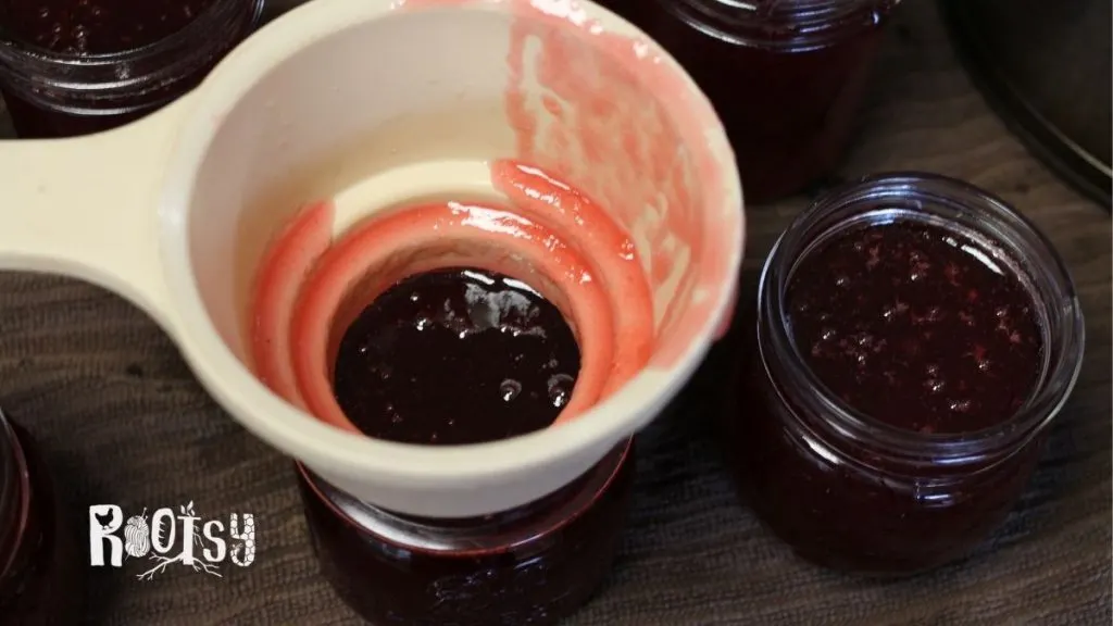 open jars of homemade plum jelly being canned