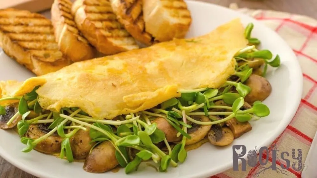 mushroom and microgreen omelet with toast