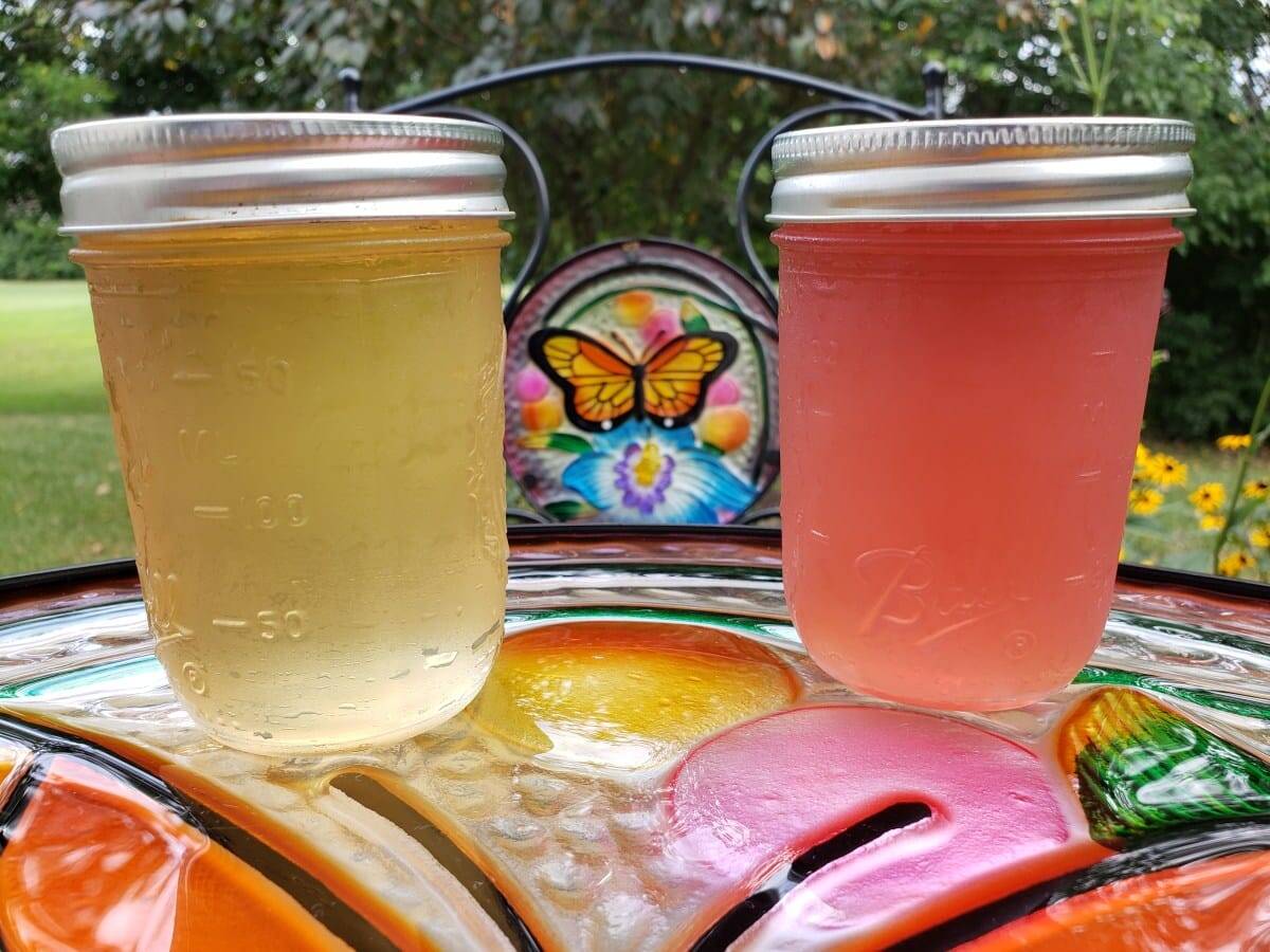 Image of two mason jars filled with drinks on outdoor table.