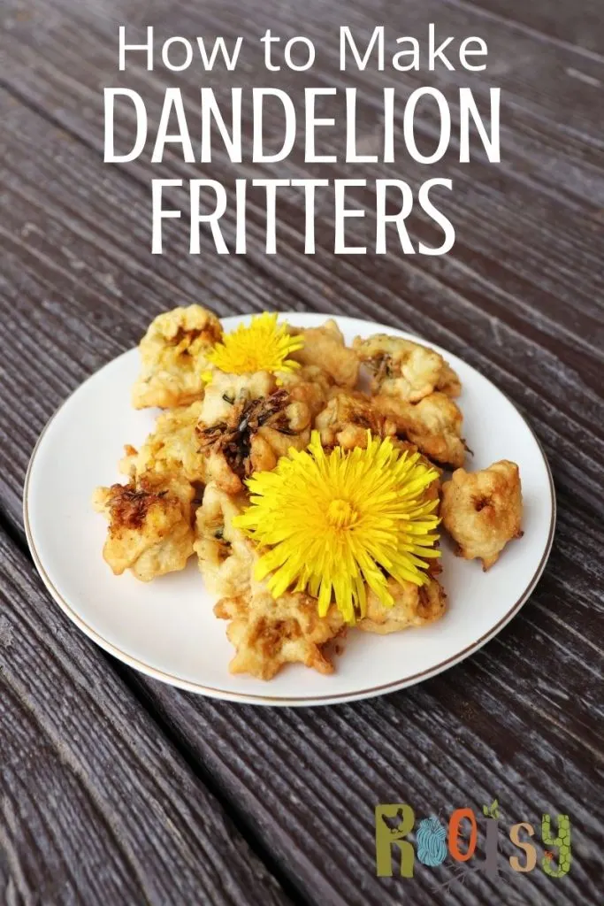 A plate stacked with cooked fritters with dandelion flowers on top. Text overlay reads: how to make dandelion fritters.