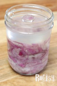 red onion slices in saltwater bring in mason jar with fermentation weight