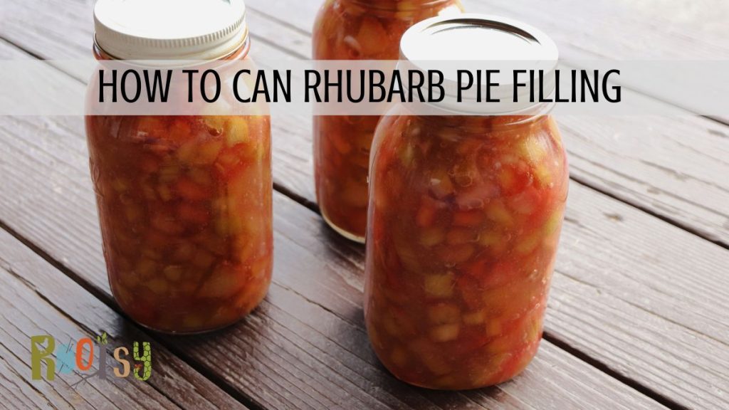 3 quart canning jars with lids and rings sealed full of red chunks and liquid with text overlay that reads: How to Can Rhubarb Pie Filling.