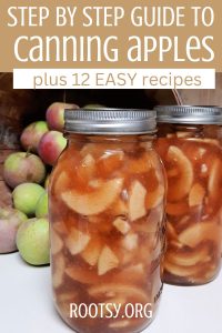 two jars of home canned apple pie filling with a basket of apples in the background